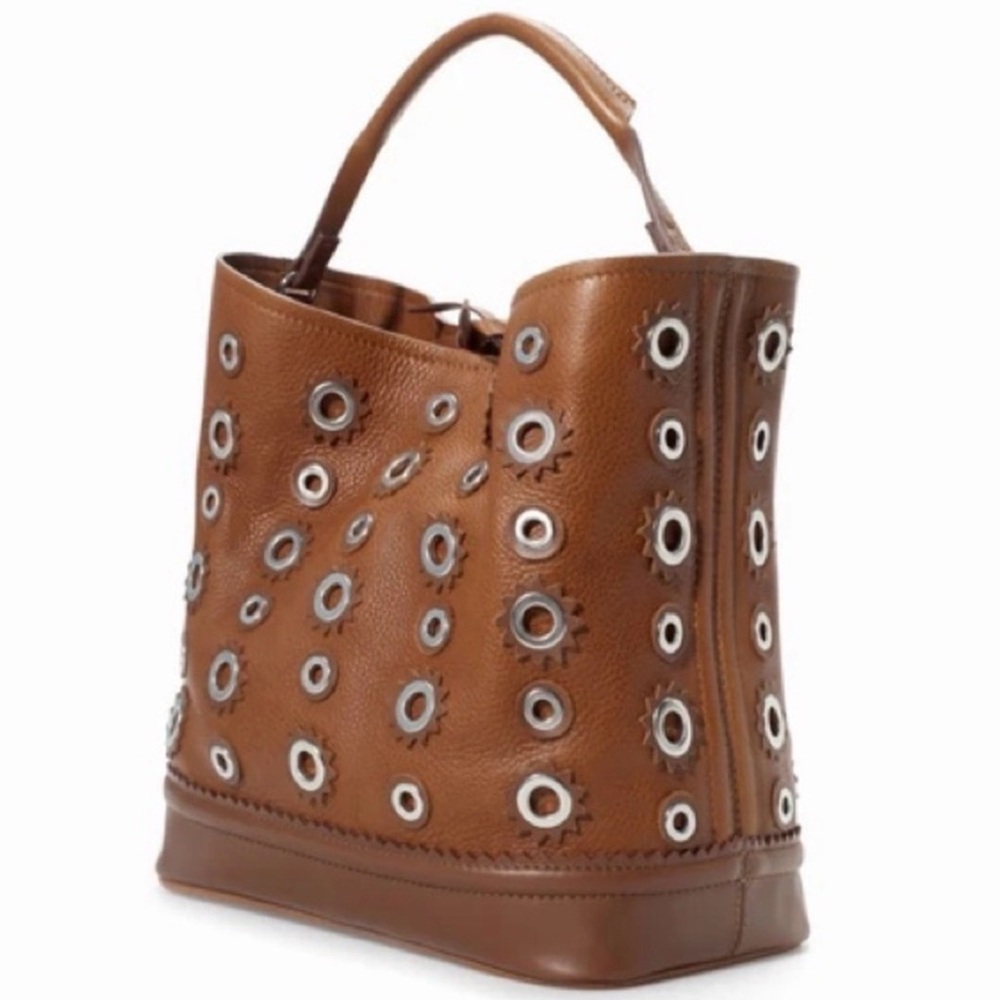 Zara Two Toned Brown Tan Silver Eyelet Accents Leather Bucket Bag Style Tote - Picture 1 of 9